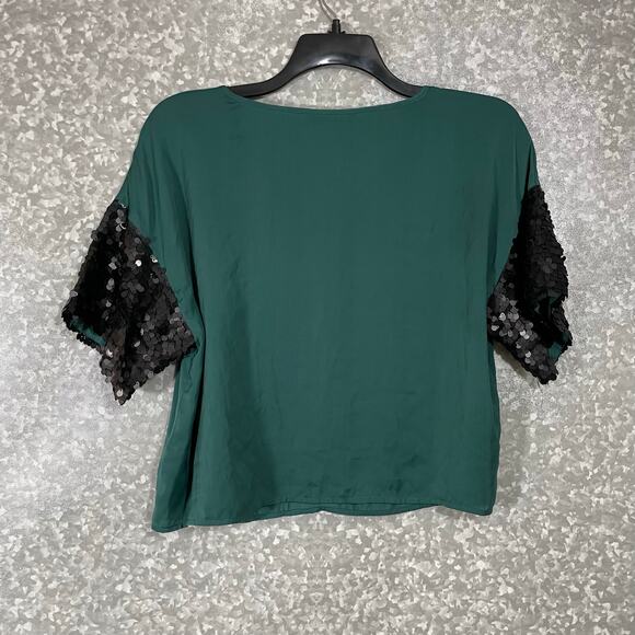French Connection Women's Green Sequin Sleeve Crop Top - Size Large Petite (PL) - Picture 6 of 6